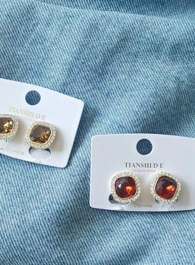 奢华方形水晶无耳洞三角耳夹耳环