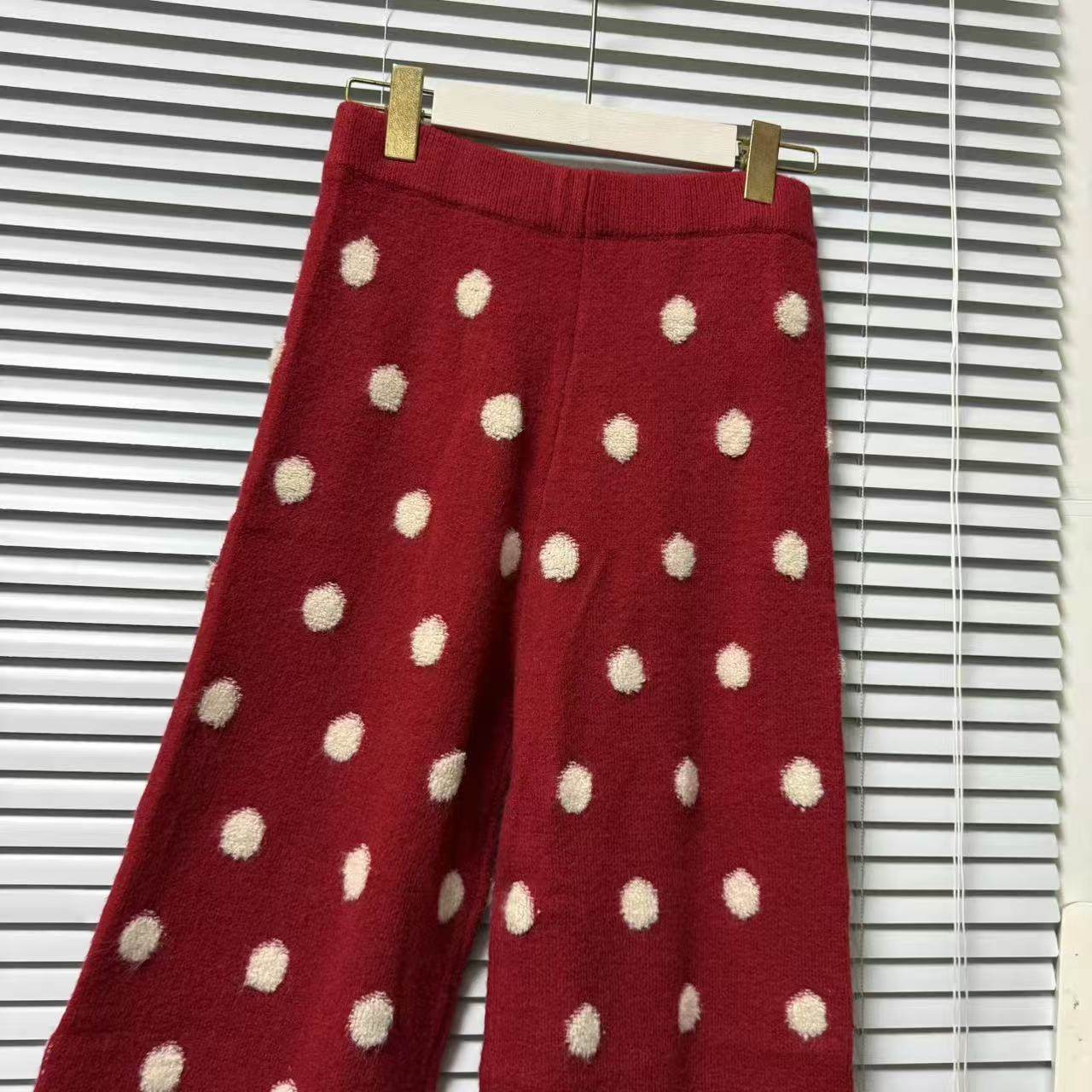 0123-57意大利样衣复古波点针织阔腿裤高腰宽松长裤红色休闲裤,淘宝优惠券,粉丝福利购,淘宝优惠卷