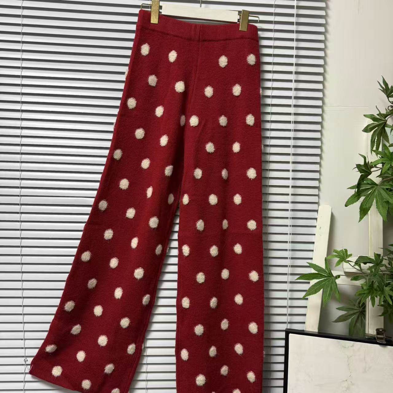 0123-57意大利样衣复古波点针织阔腿裤高腰宽松长裤红色休闲裤,淘宝优惠券,粉丝福利购,淘宝优惠卷