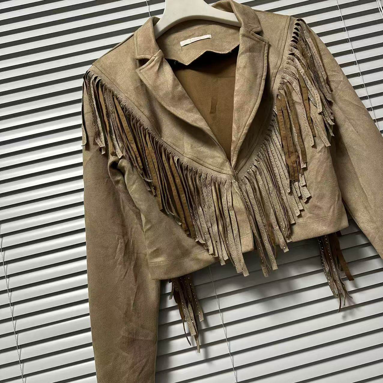 1229-22欧美风麂皮绒流苏短外套女复古机车风翻领设计感夹克上衣,淘宝优惠券,粉丝福利购,淘宝优惠卷