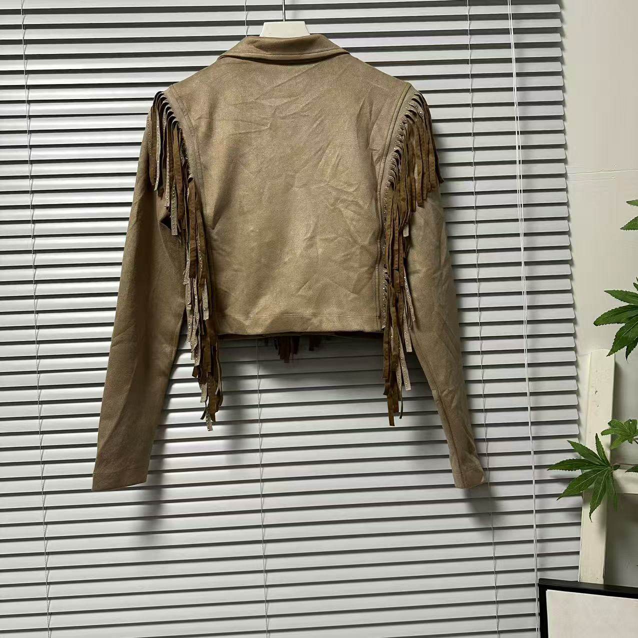 1229-22欧美风麂皮绒流苏短外套女复古机车风翻领设计感夹克上衣,淘宝优惠券,粉丝福利购,淘宝优惠卷