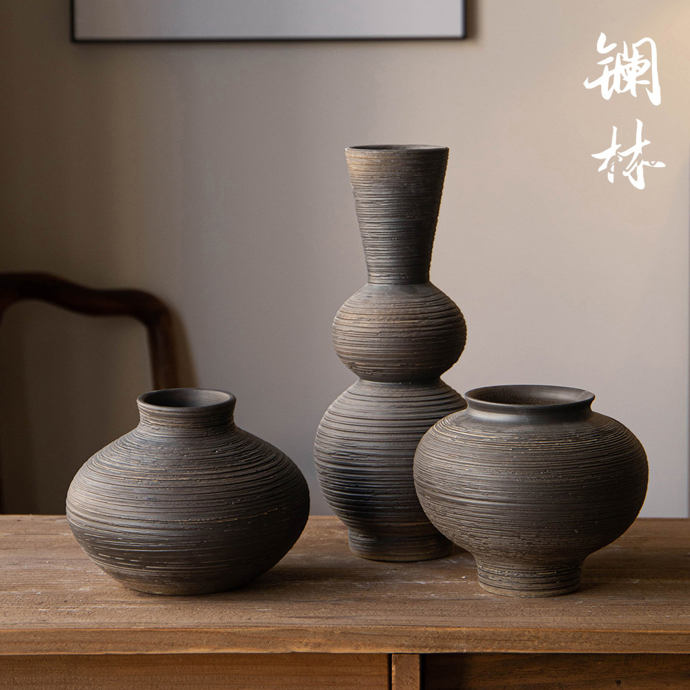镧林复古台面陶瓷花瓶黑色客厅摆件粗陶罐餐桌插花器陶艺民宿长吉,淘宝优惠券,粉丝福利购,淘宝优惠卷