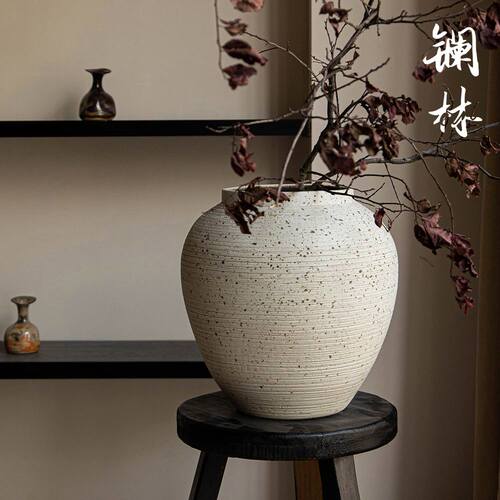 现代简约白色花瓶侘寂风装饰摆件插干枝大号台面可种树盆白墨点点 - 图0