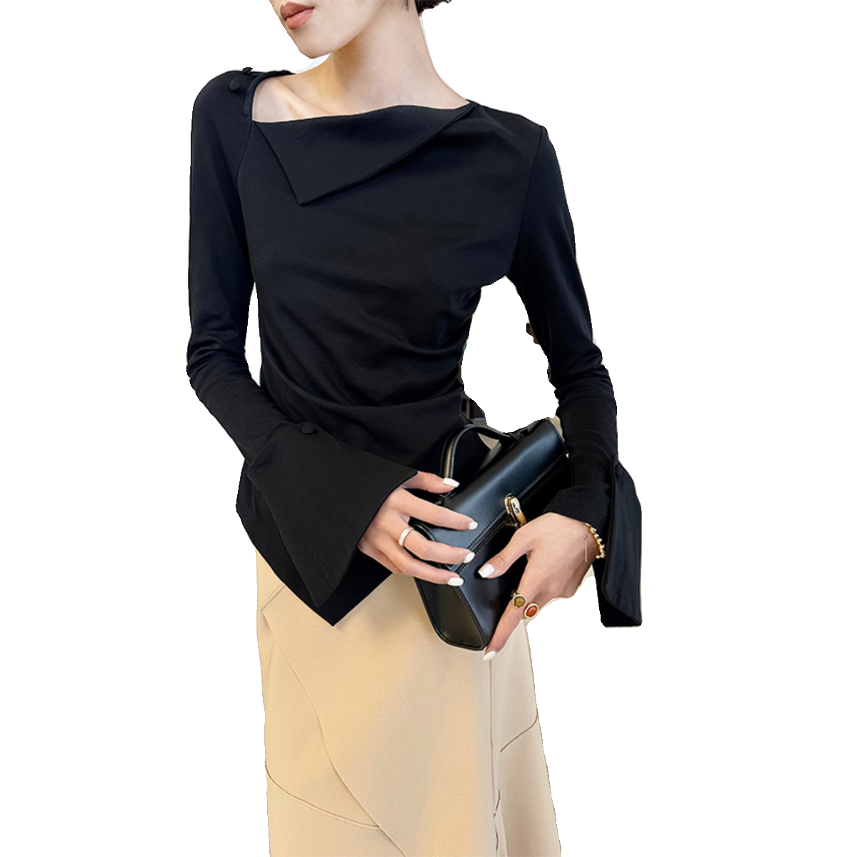 露肩上衣女长袖修身显瘦不规则设计感小众打底t恤2025年新款春秋,淘宝优惠券,粉丝福利购,淘宝优惠卷