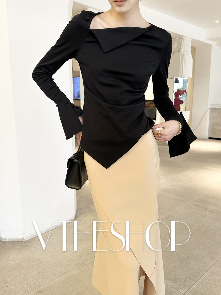 露肩上衣女长袖修身显瘦不规则设计感小众打底t恤2025年新款春秋,淘宝优惠券,粉丝福利购,淘宝优惠卷