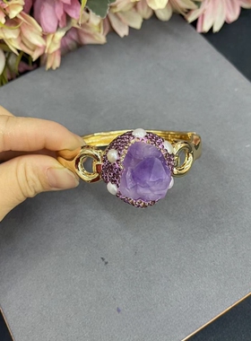 天然不规则紫水晶手镯镶嵌珍珠活口手镯女饰品保色流行首饰