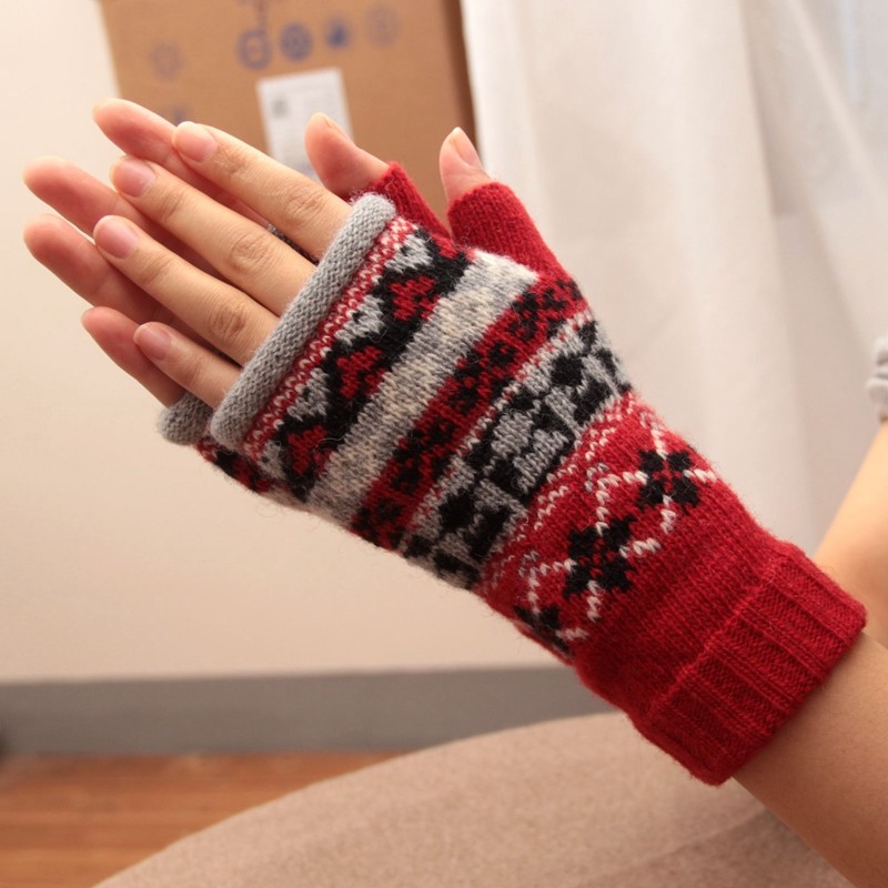 日本单文艺复古花纹半指手套羊毛针织加厚保暖女冬手套学生写字款,淘宝优惠券,粉丝福利购,淘宝优惠卷
