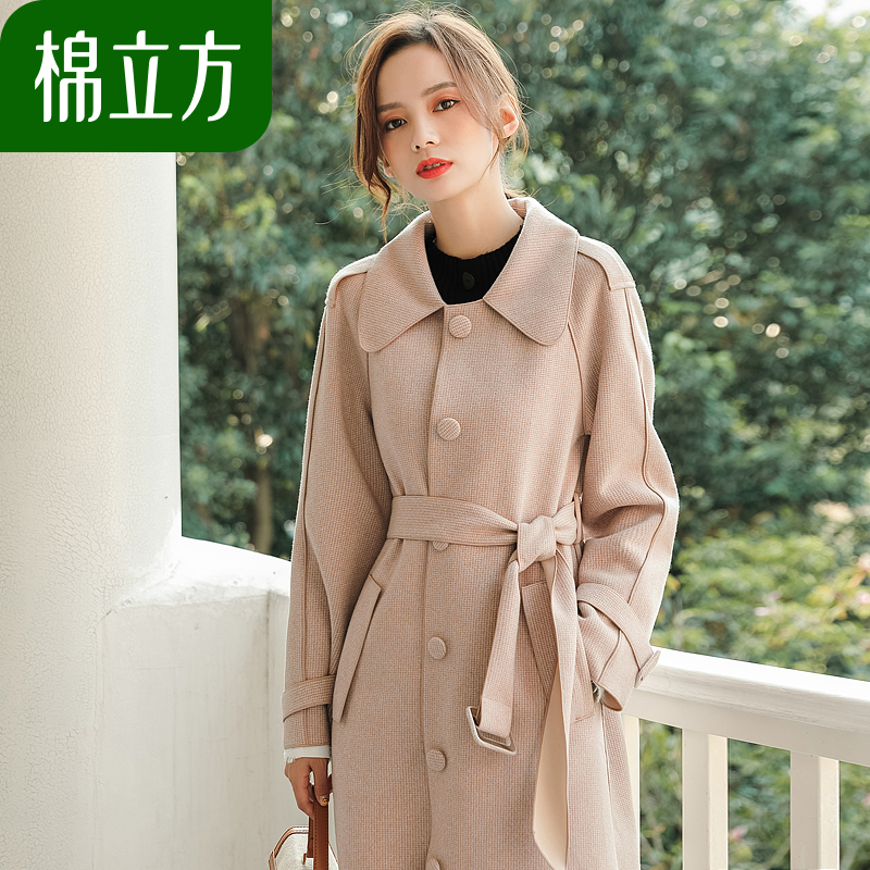大衣女中长款2019新款秋冬季棉立方小香风细格纹复古气质修身外套