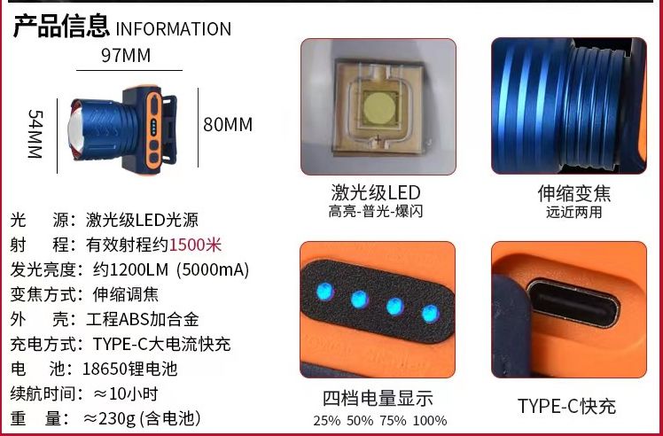 小太阳超亮头灯H136防水充电激光级强光USB头戴式户外伸缩调焦137 - 图2