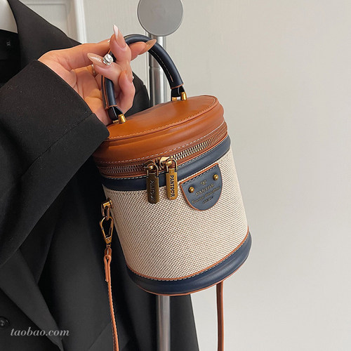 超火小众撞色包包女2025新款时尚百搭斜挎包精致手提圆筒包小拎包 - 图0