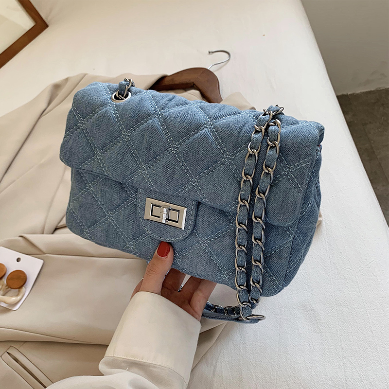 爆款牛仔布小包包女士2025春夏新款潮流菱格链条包百搭单肩斜挎包 - 图1