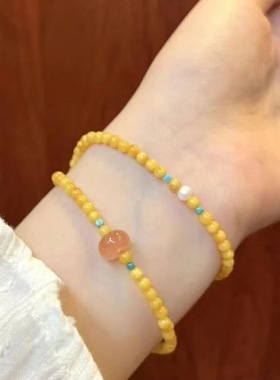 新中式蜜蜡黄琉璃手链女双圈古风手串小众设计