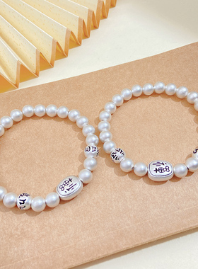 S999纯银手链六字真言转运珠禅字古法佛珠复古文艺男女情侣礼物xA