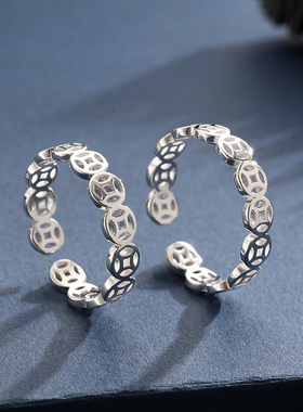 999纯银钱币戒指女小众轻奢设计感高级素圈食指环开口可调节礼物s