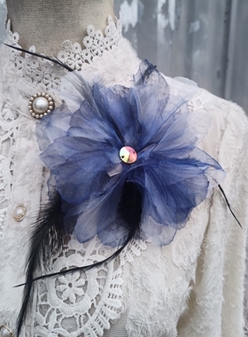 古风超仙烧边渐变欧根纱羽毛珍珠花朵手作抓夹胸花服饰