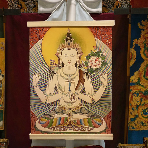 实木挂轴唐卡黄财神佛像挂画客厅玄关装饰画藏族佛堂文殊菩萨壁画 - 图0