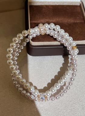曼塔玫瑰澳白色3层珍珠手链精致