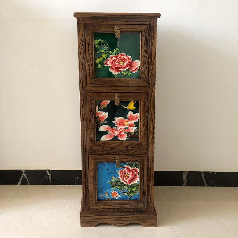 [绘陶家居]立体浮雕手绘陶瓷镶嵌老榆木实木收纳储物柜复古柜斗柜,淘宝优惠券,粉丝福利购,淘宝优惠卷