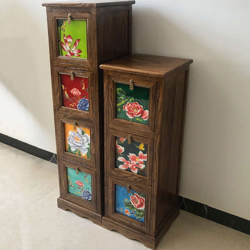 [绘陶家居]立体浮雕手绘陶瓷镶嵌老榆木实木收纳储物柜复古柜斗柜,淘宝优惠券,粉丝福利购,淘宝优惠卷