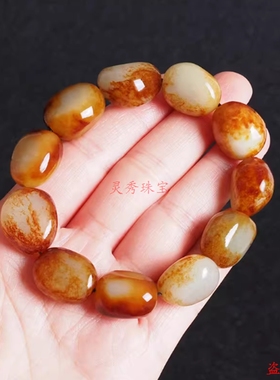 新疆和田玉手链籽料原石手串红沁皮白玉男女款玉石手饰品玉石手链