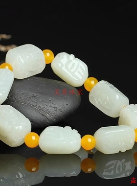 新疆和田玉罗汉头手链男女情侣款青白玉手串佛珠饰品精美