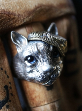 绅士猫戒指铁头的店纯银猫头情侣