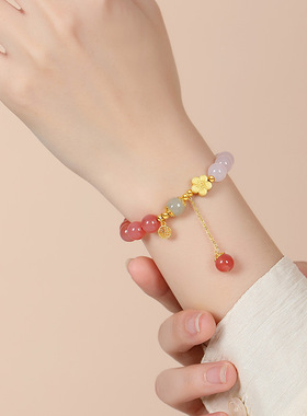 十里桃花玛瑙手串纯银国风桃之夭夭转运珠七夕礼物手链招桃花手镯