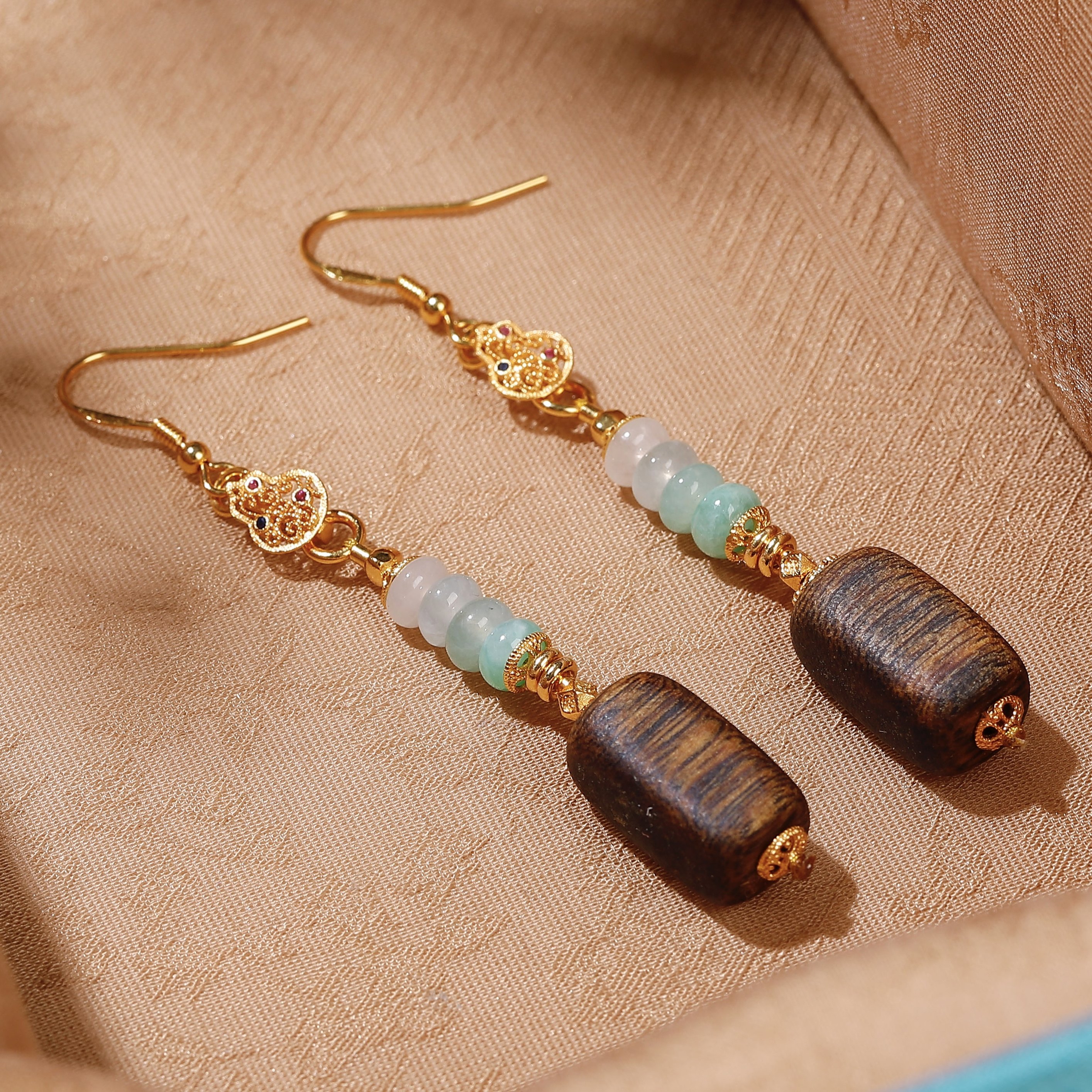 新中式天然老料沉香方糖耳坠缅料A货翡翠算盘珠葫芦银镀金耳环女,淘宝优惠券,粉丝福利购,淘宝优惠卷