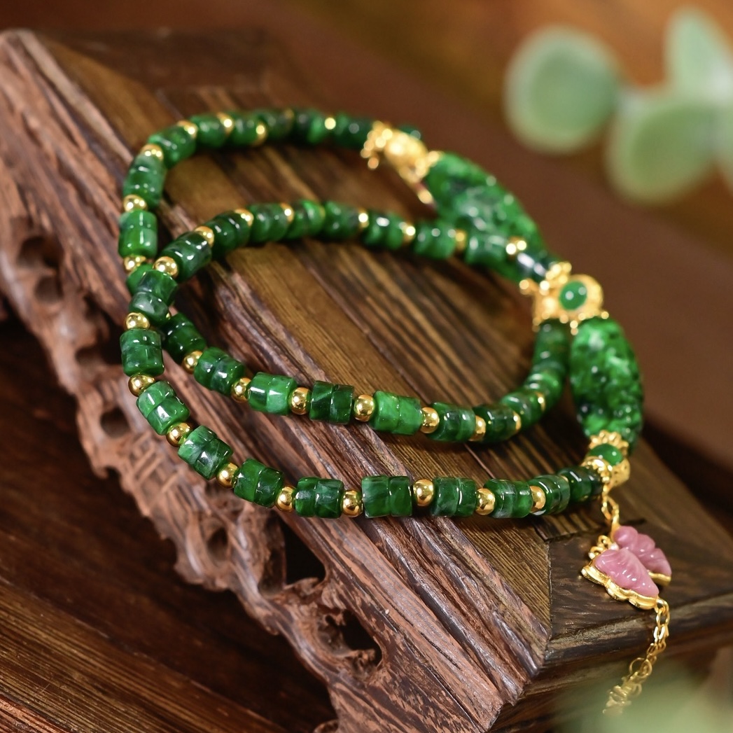 新中式天然A货干青算盘珠翡翠手链女粉碧玺镶嵌银饰蝴蝶吊坠手串 - 图1