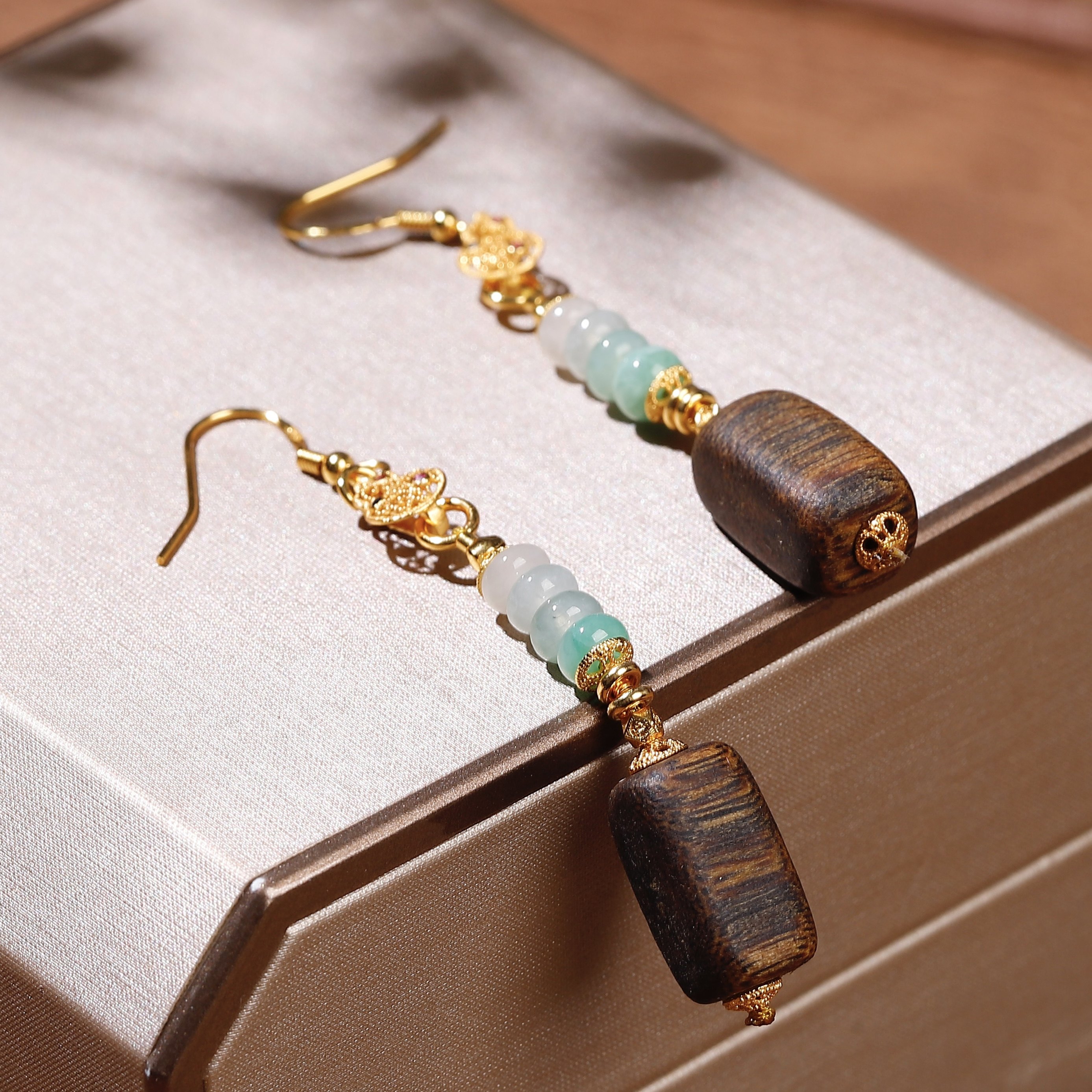 新中式天然老料沉香方糖耳坠缅料A货翡翠算盘珠葫芦银镀金耳环女,淘宝优惠券,粉丝福利购,淘宝优惠卷