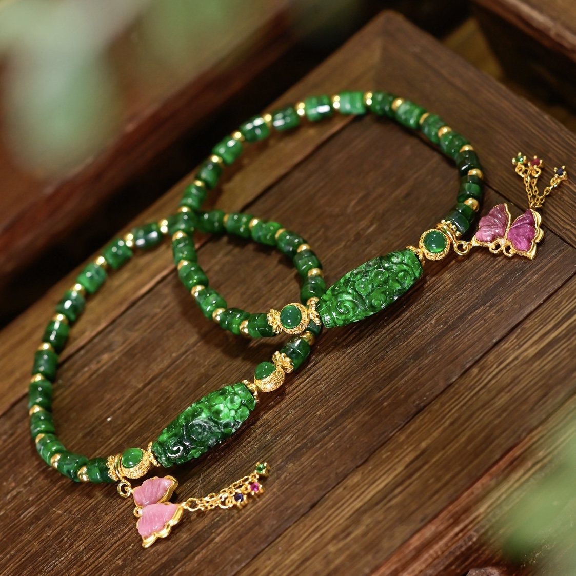 新中式天然A货干青算盘珠翡翠手链女粉碧玺镶嵌银饰蝴蝶吊坠手串 - 图0