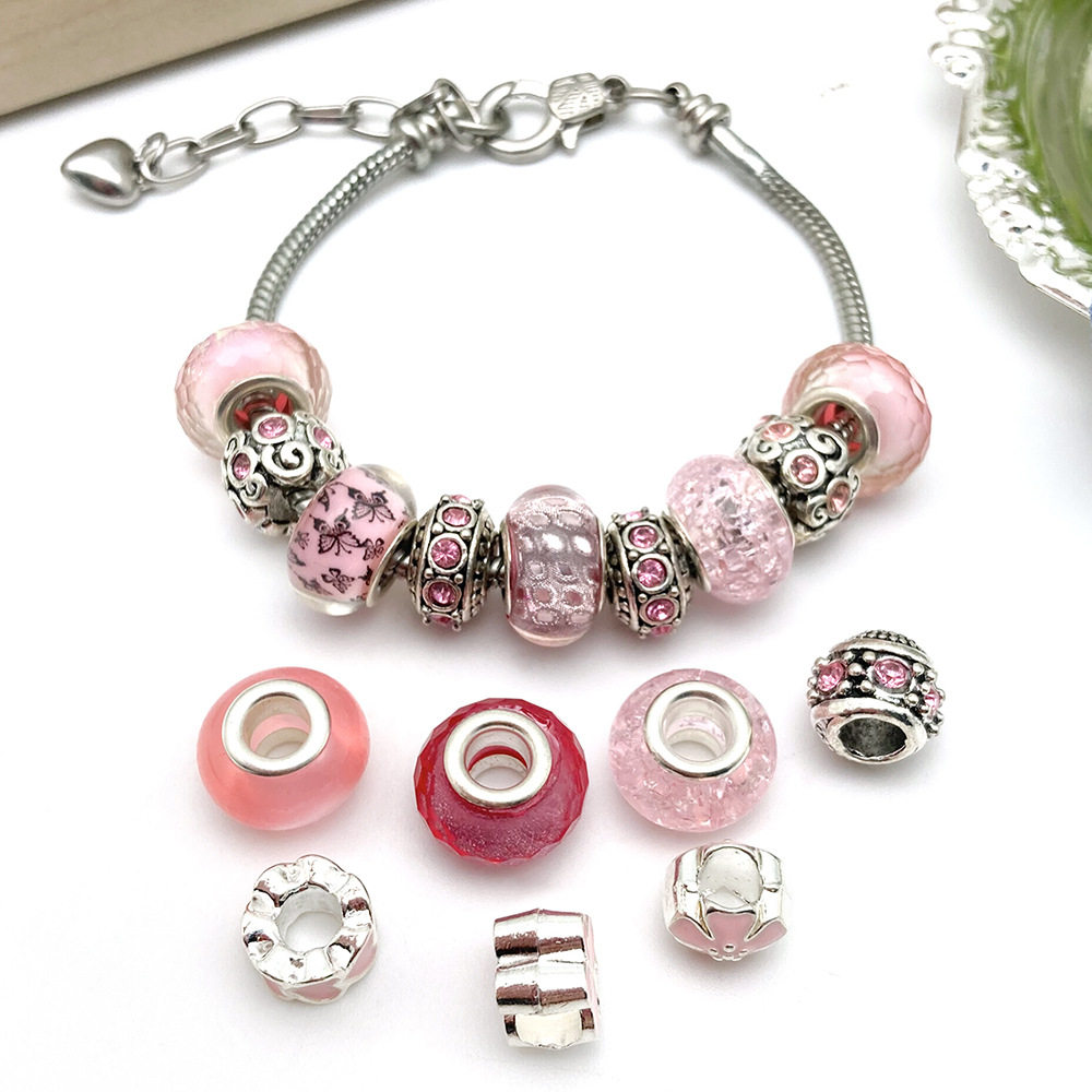 混50个粉色潘家风格手链配件大孔珠饰品配件DIY穿孔合金点钻散珠,淘宝优惠券,粉丝福利购,淘宝优惠卷