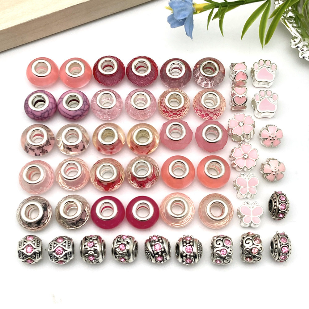 混50个粉色潘家风格手链配件大孔珠饰品配件DIY穿孔合金点钻散珠,淘宝优惠券,粉丝福利购,淘宝优惠卷