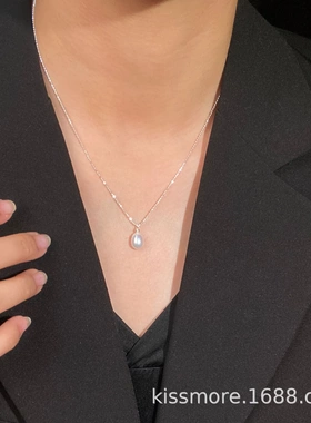 琛墨百搭简约单颗天然淡水珍珠项链春夏闪豆链锁骨链925純銀飾品