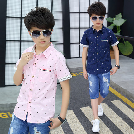 6到12歲男童裝10春夏季小孩子8男孩春裝粉色藍色短袖襯衫衣服外套