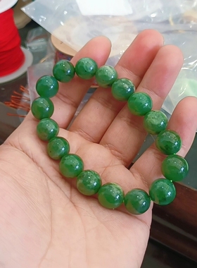 坤圣珠宝新疆纯天然和田玉碧玉菠菜绿肉底圆珠手串单圈一物一拍