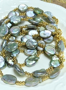 T302 天然巴洛克珍珠手链气质灰绿炫彩首饰单圈手串可调节约10mm