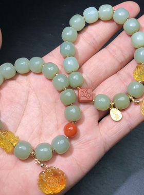 天然和田玉且末蓝老型珠手链原创盐源佛头蜜蜡吊坠滴流手串新疆