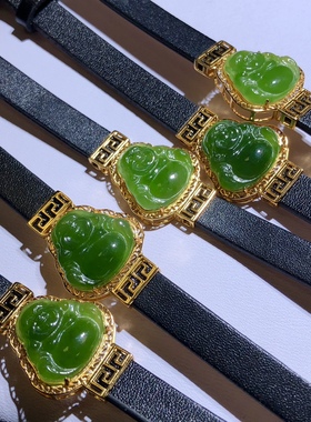 GG0844 天然和田玉碧玉佛公手表活口可调节s925银18mm阳绿皮手链