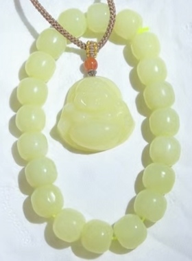 新疆若羌黄口天然和田玉黄玉手链老型吊坠佛公挂件毛衣链一套老料