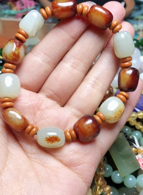 Q005天然和田玉手链原石黄沁皮随形状手串仿籽料约11mm