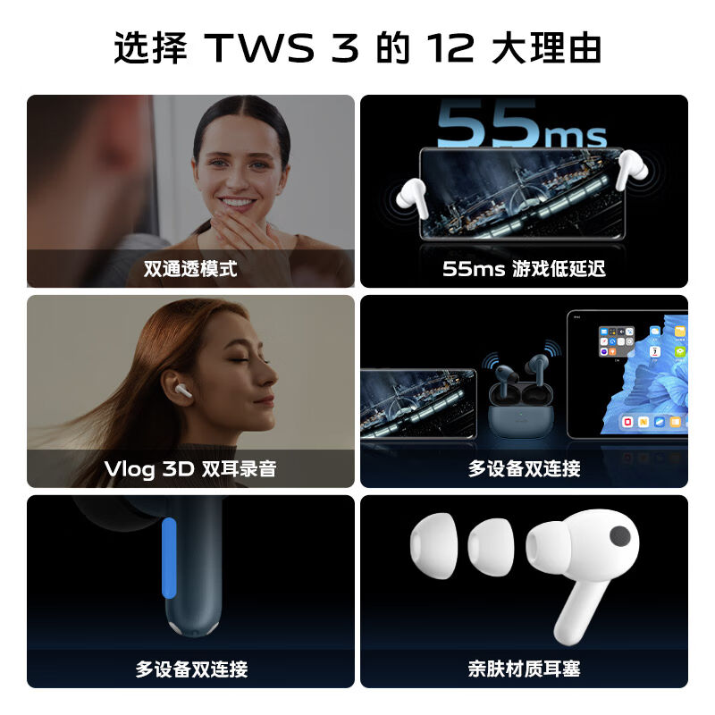 vivoTWS3真无线降噪耳机月光白49dB智能超宽频降噪无损音质40h续-图0