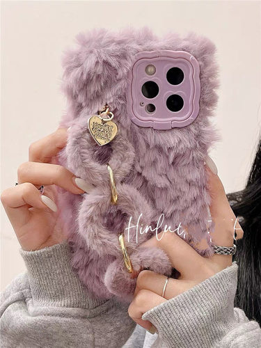 抖音同款适用iPhone13promax毛绒手机壳手链条14plus苹果12pro女1+11/9R秋冬9rt一加ace2V手机壳8pro软15 - 图0