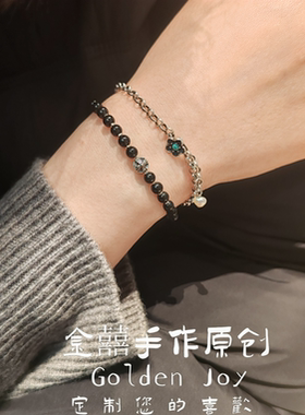 天然黑曜石通体925碎银圆十字架转运珠原创手串男女同款纯银手链