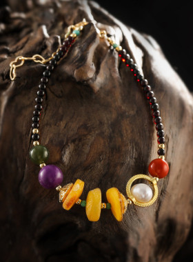 复古蜜蜡彩色玛瑙手串文艺民族风