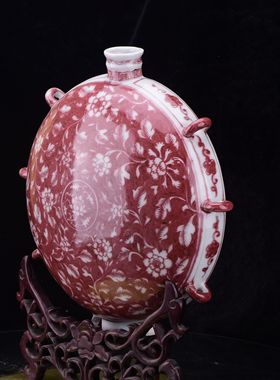 元末明初朱元璋松柴烧制红托白釉里红折枝花纹六系扁壶壁壶轿壶