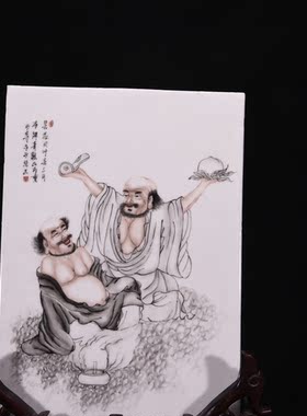 民国粉彩墨彩应真高僧罗汉图瓷板画