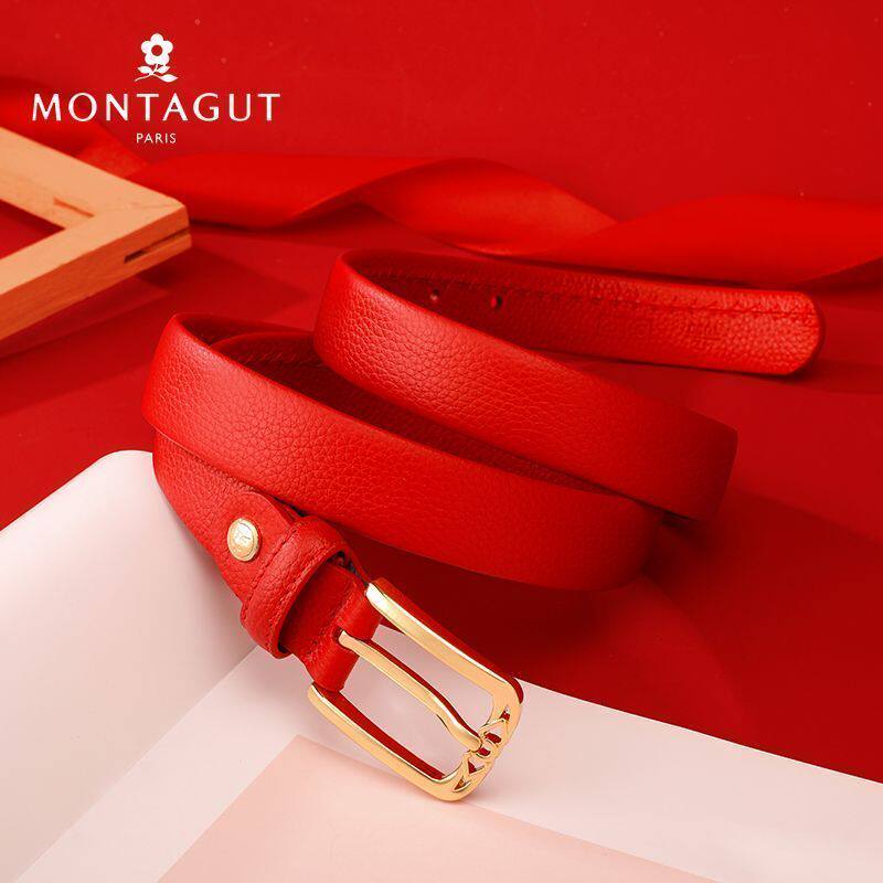 梦特娇女士皮带2025马年本命年红腰带女结婚礼物红色皮带针扣真皮