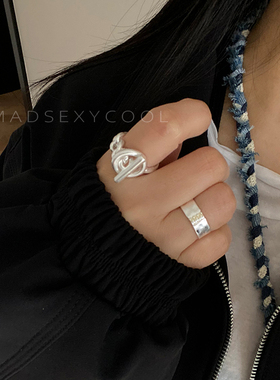 新款欧美风几何设计银色珍珠锁链OT扣戒指女简约时尚个性食指戒