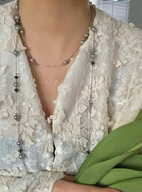 满天星灰色珍珠项链女长款锁骨链轻奢小众高级感多层叠戴毛衣链